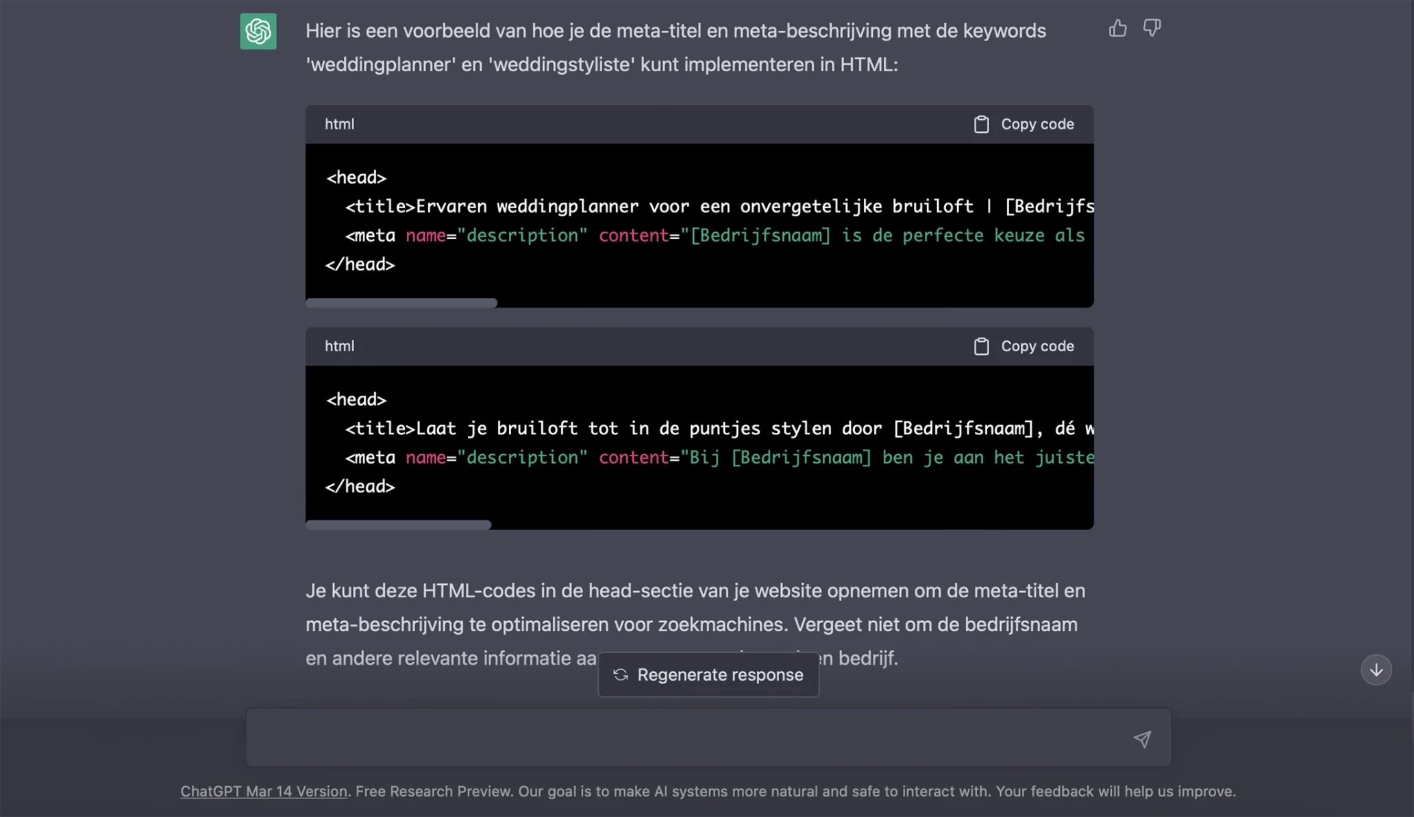 ChatGPT genereert meta title en meta description